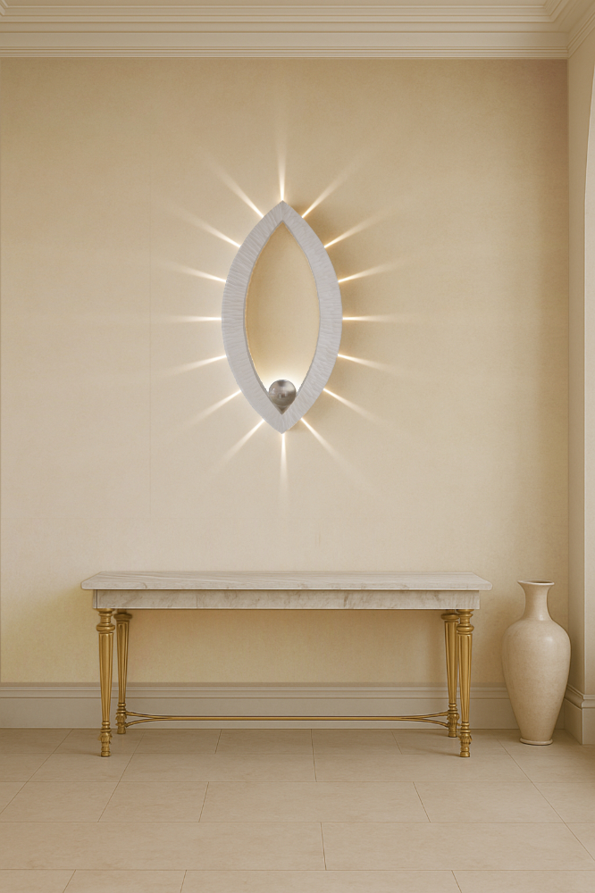 Sculptural wall lamp with an intricate Vesica-inspired geometric design, crafted from wood using fine cabinetmaking techniques. Mounted on a wall, it features a soft, dimmable LED light and a discreet button at the bottom for brightness control.