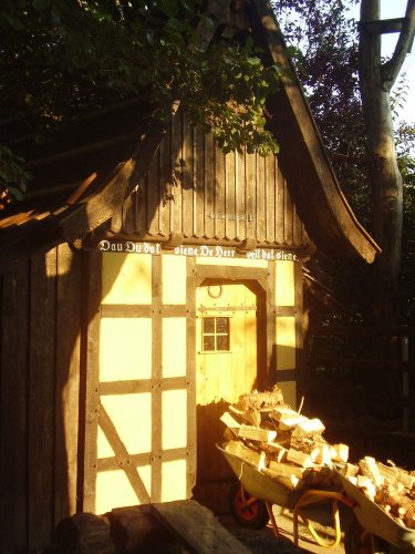 The front of the shelter in evening sunlight
